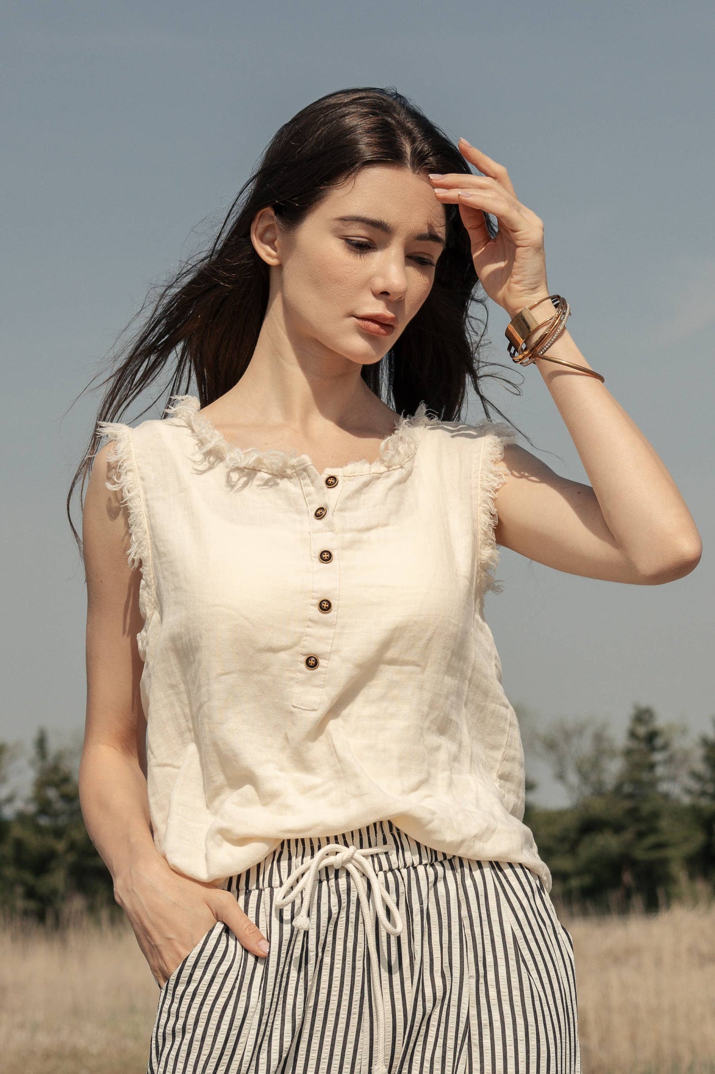 Sleeveless Henley Top with Raw Hem Sleeves