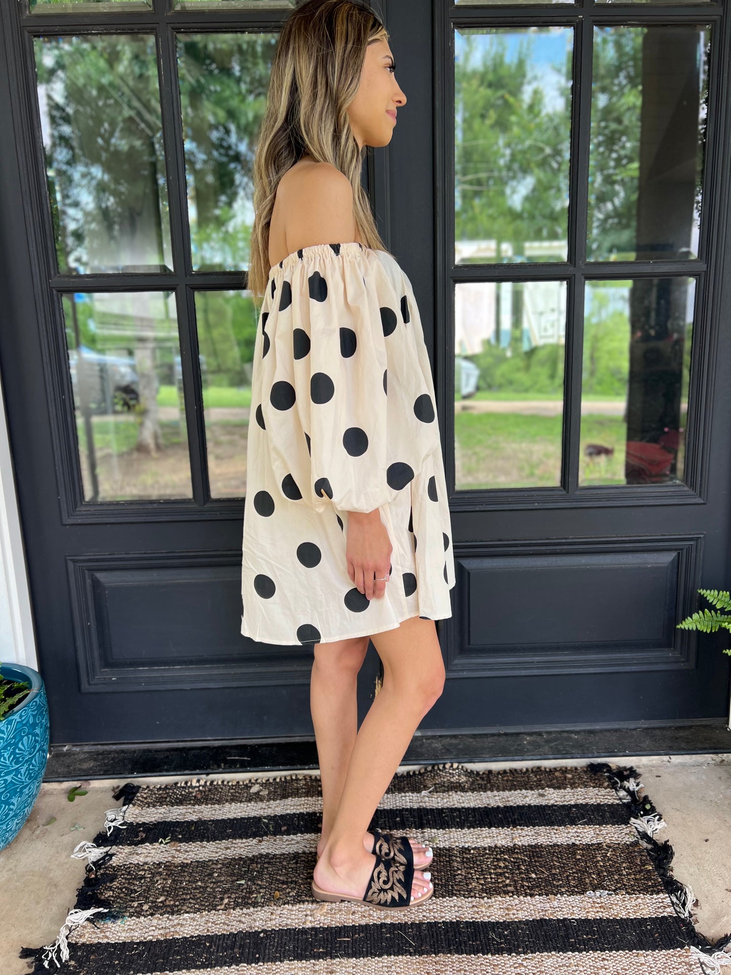 Off Shoulder Polka Dot Mini Dress