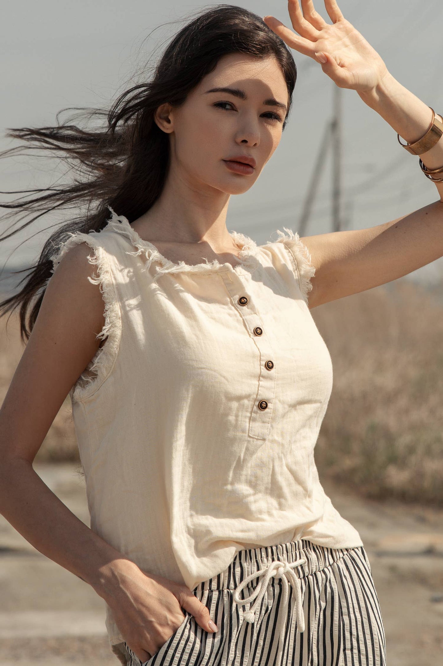 Sleeveless Henley Top with Raw Hem Sleeves