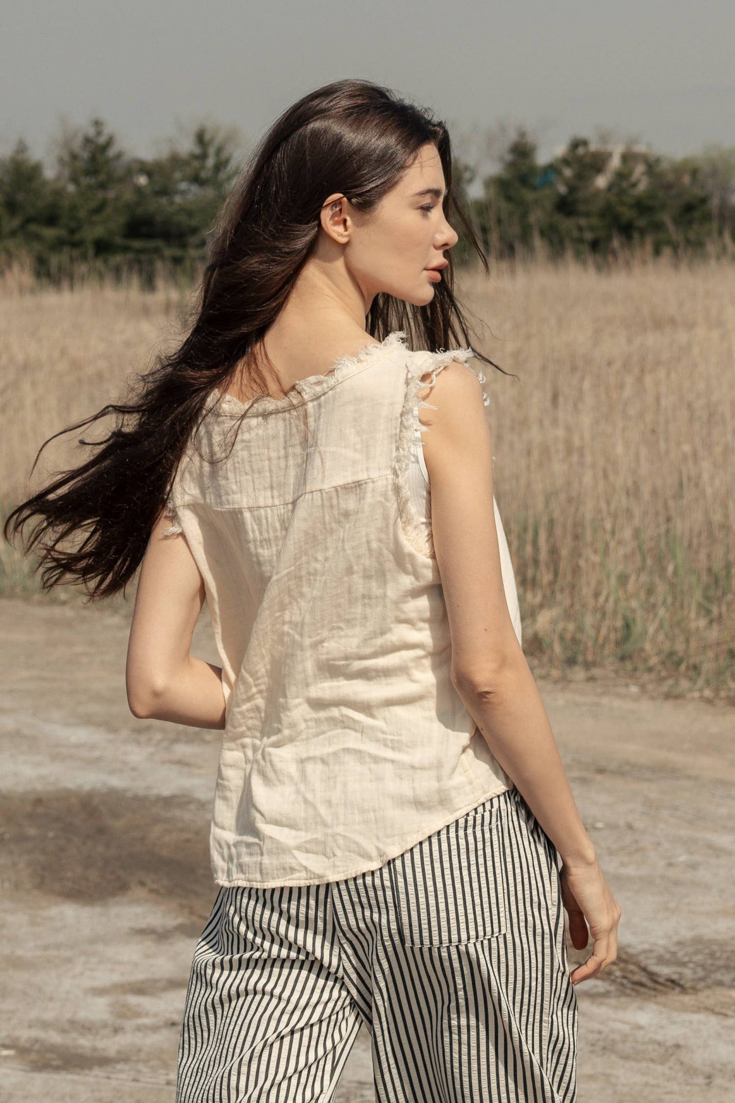 Sleeveless Henley Top with Raw Hem Sleeves