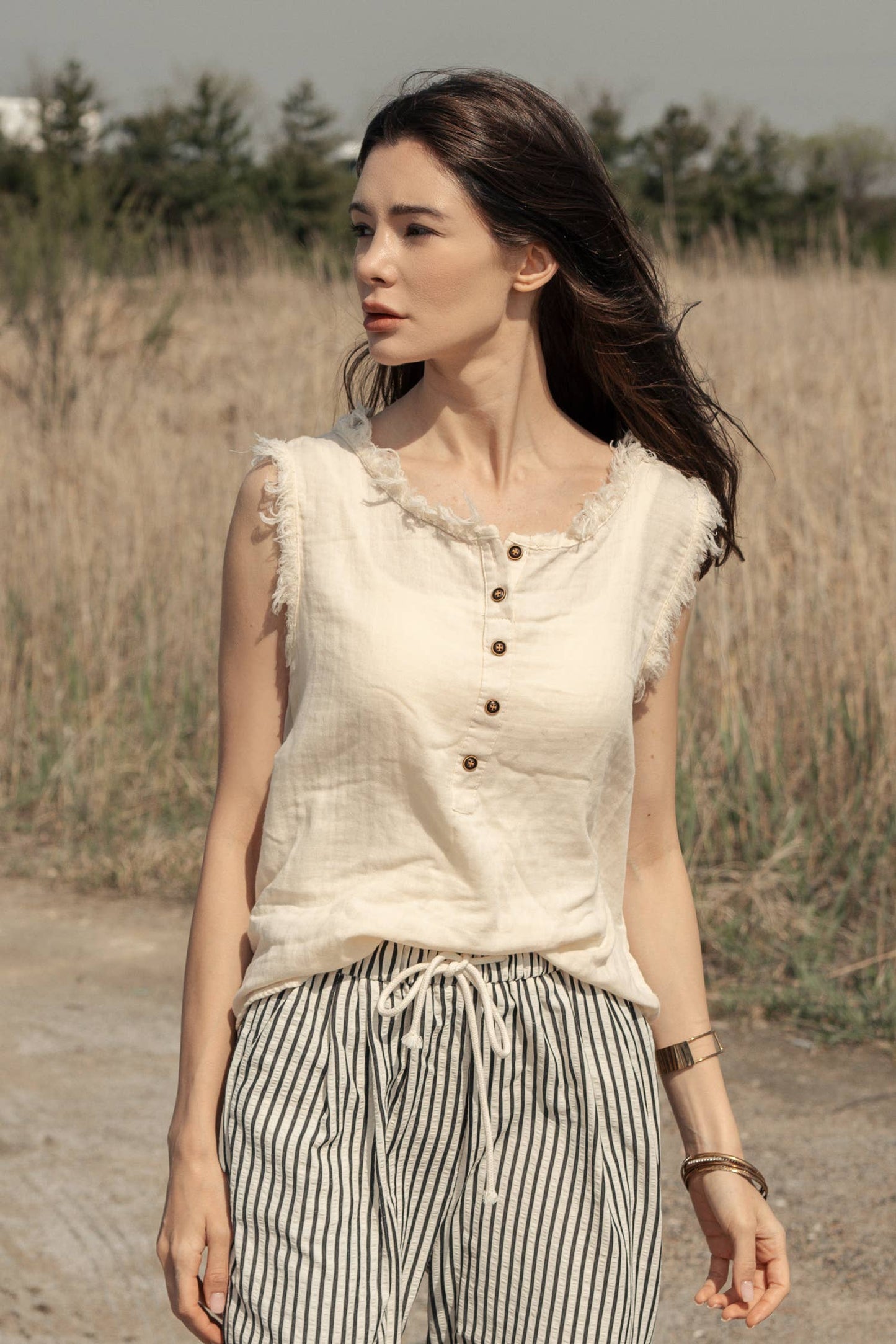 Sleeveless Henley Top with Raw Hem Sleeves