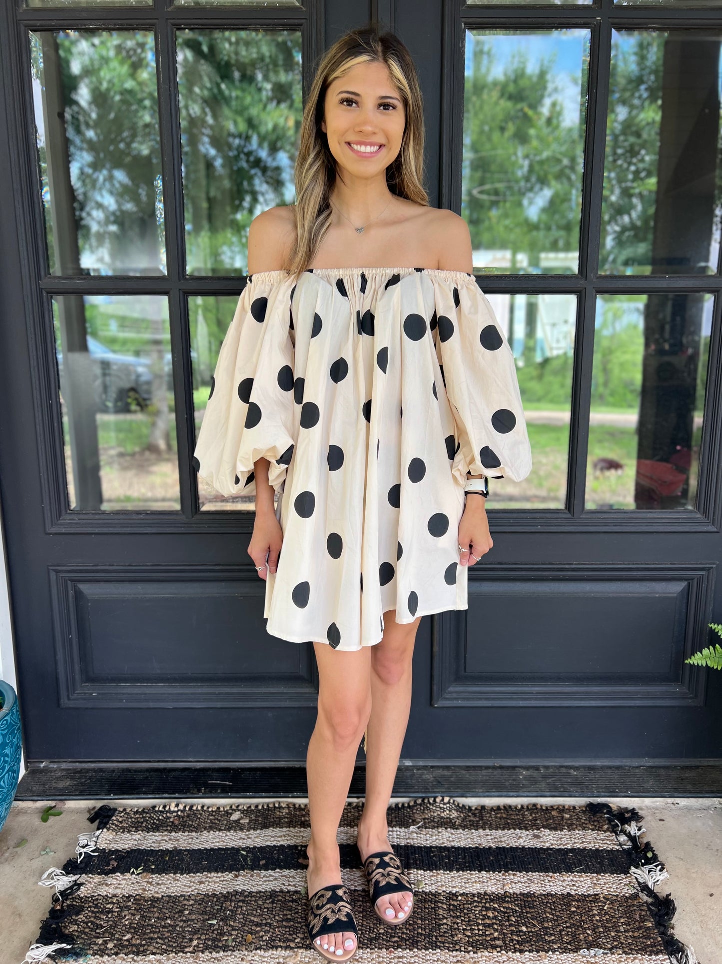 Off Shoulder Polka Dot Mini Dress