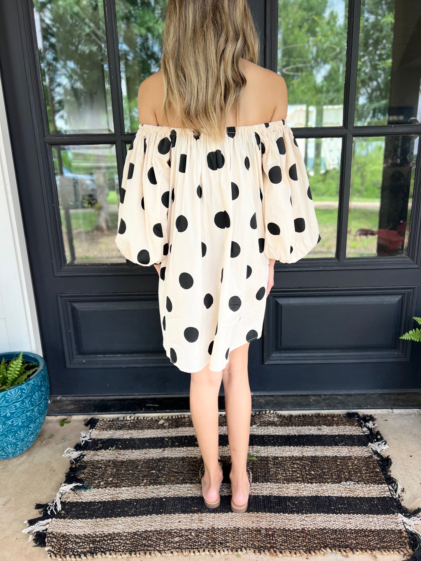 Off Shoulder Polka Dot Mini Dress