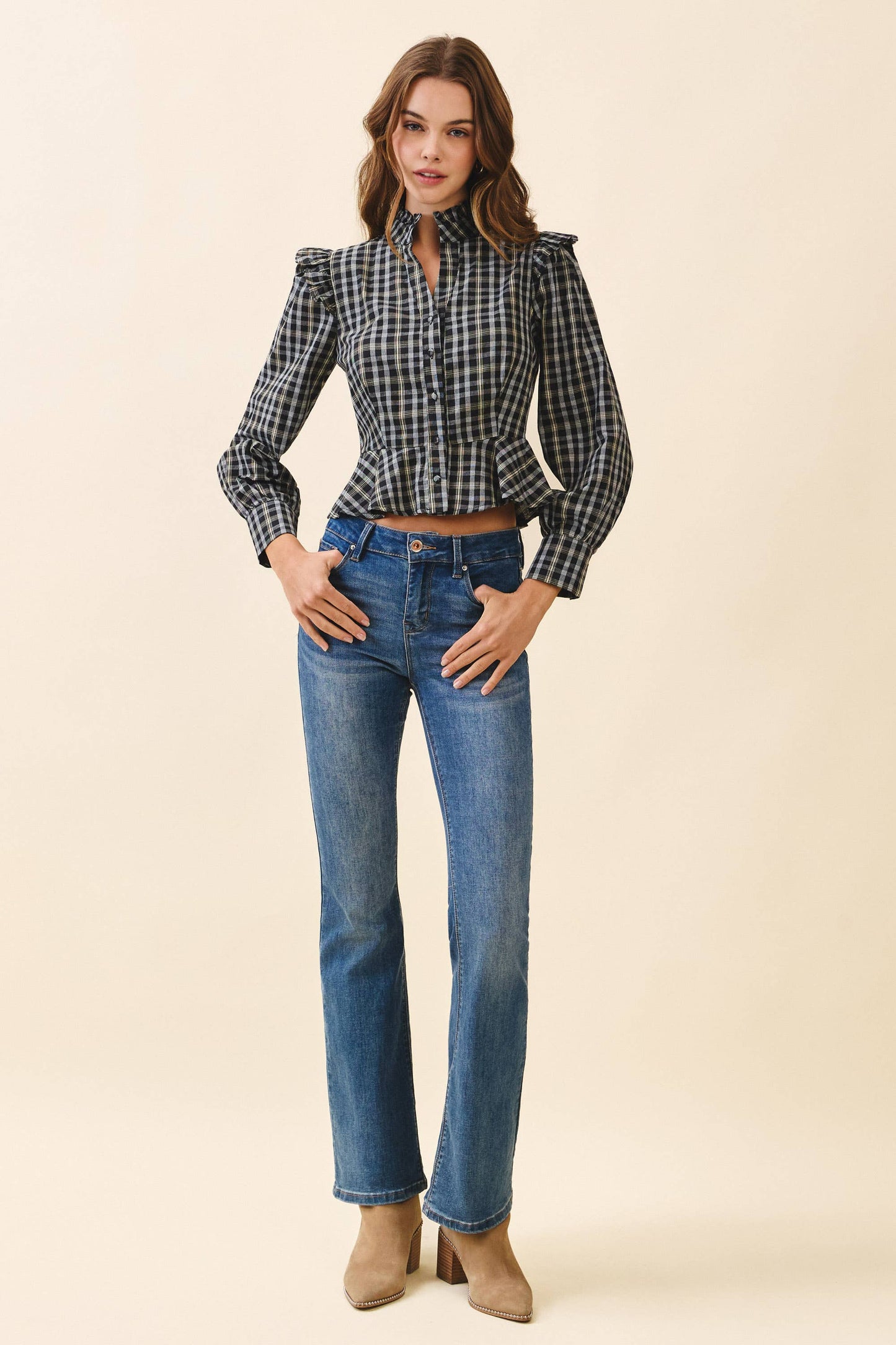 Plaid Button Front Ruffle Accents Peplum Hem Top