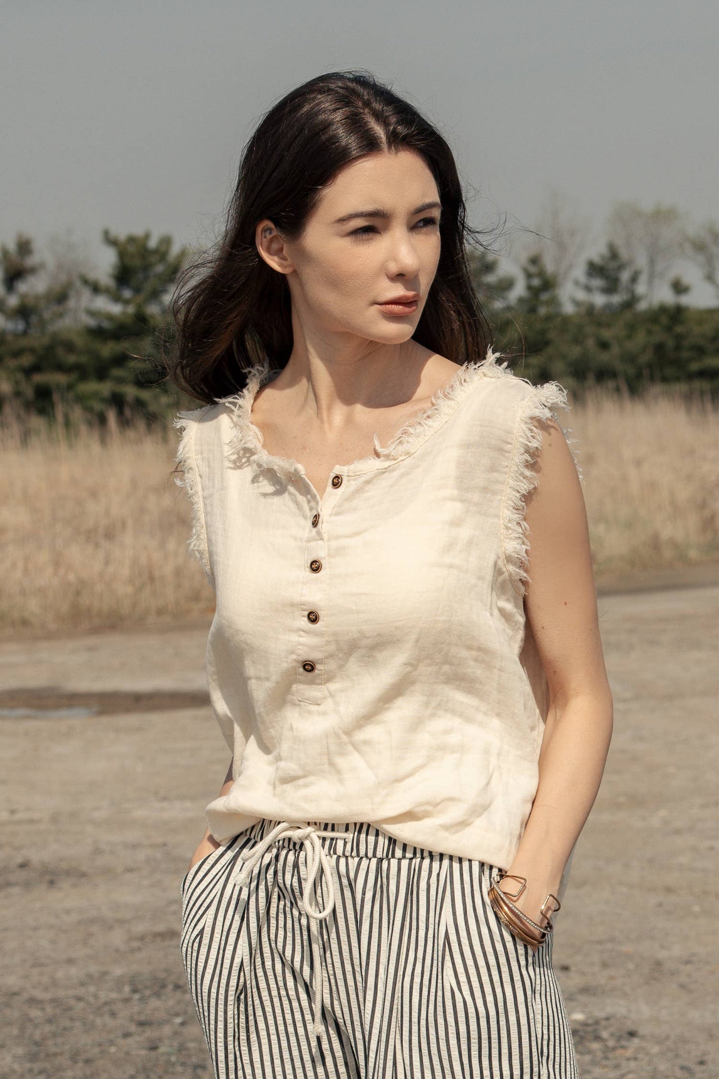 Sleeveless Henley Top with Raw Hem Sleeves
