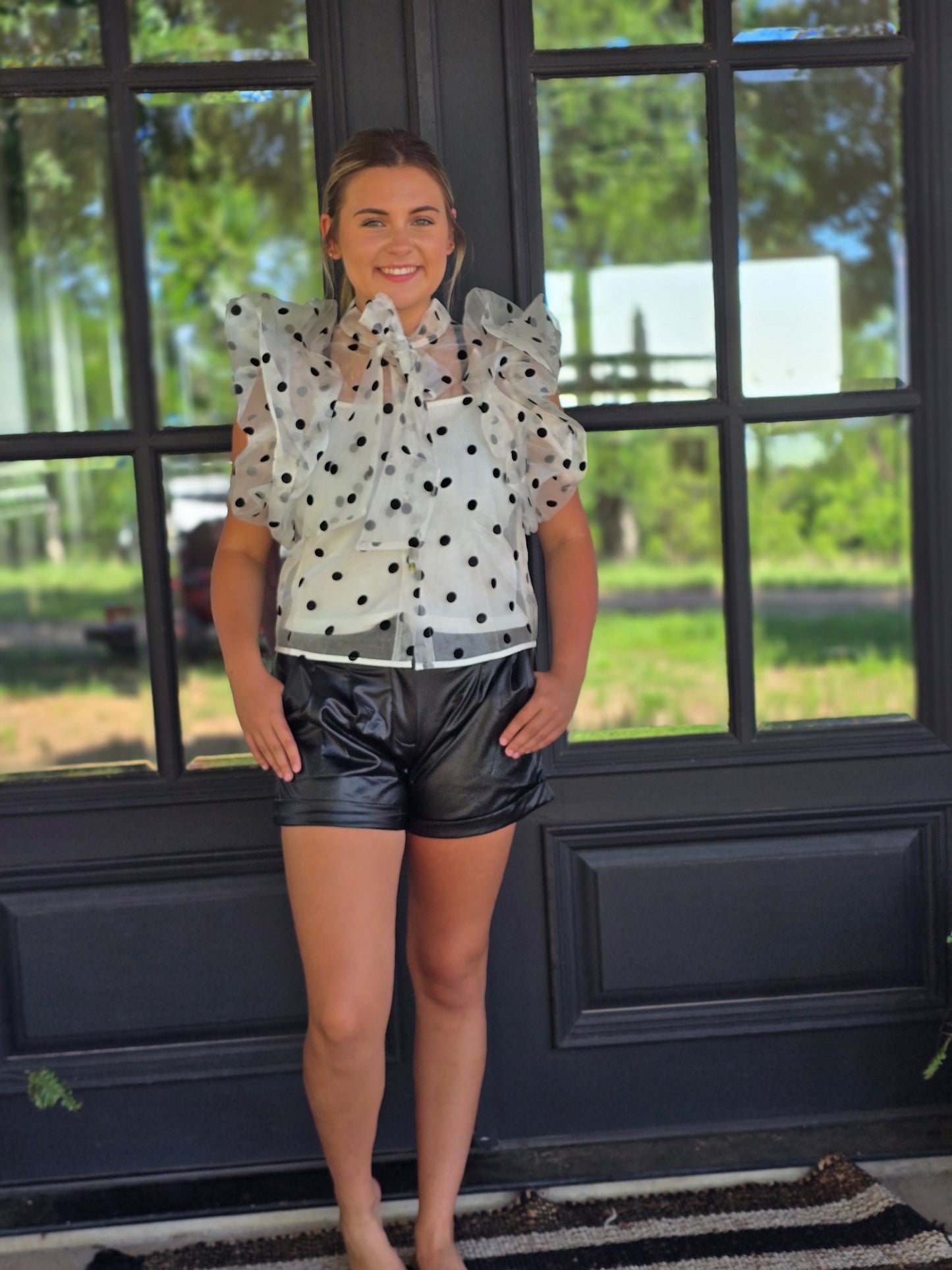 Bow tie black and white polka dot top