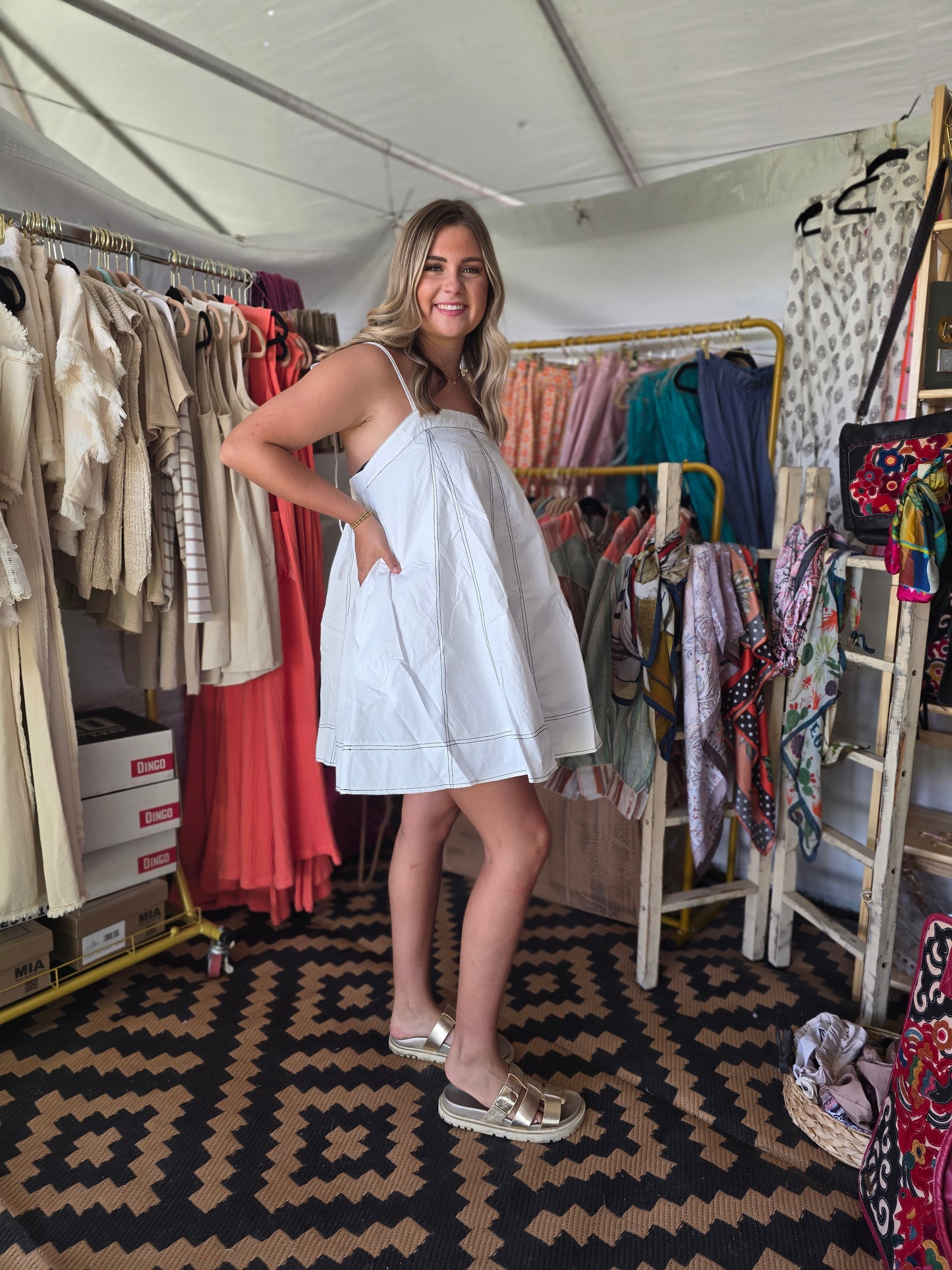 White sundress with black stitching