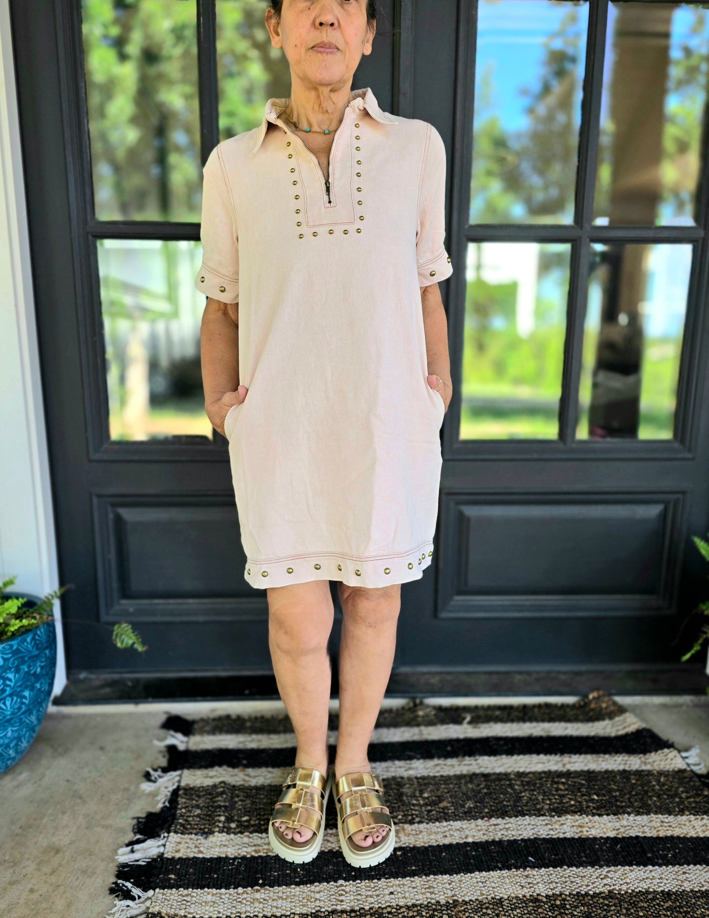 Dusty Pink Studded Denim Mini Dress