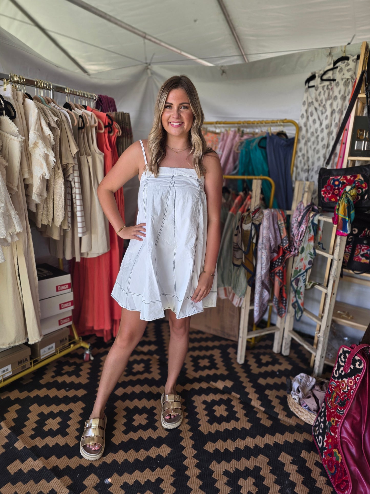 White sundress with black stitching