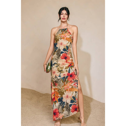 Countryside Bird Halter Neck Open Back Maxi Dress