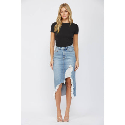 HIGH WAISTED MIDI SKIRT WITH DISTRESSED