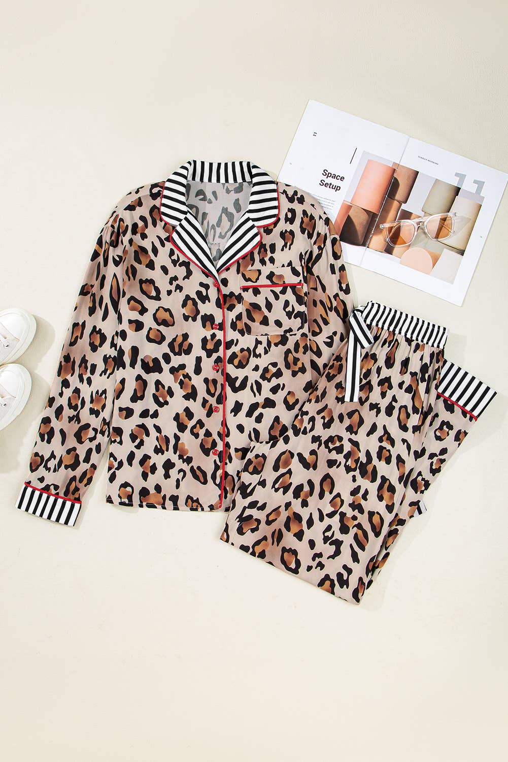Leopard Striped Edge Shirt and Pants Pajama Set