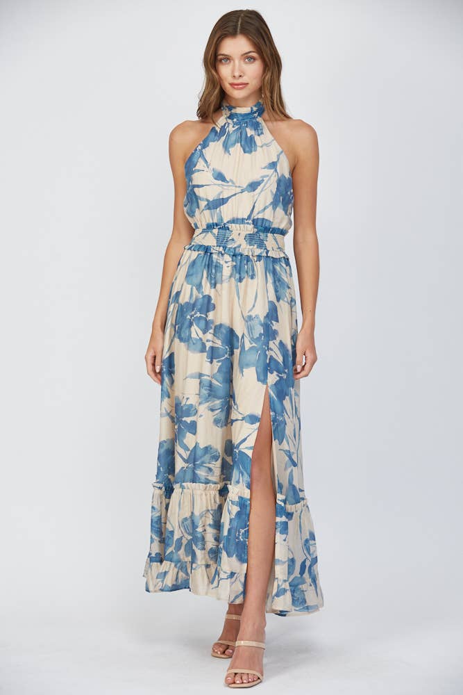 FLORAL PRINT TIE BACK HALTER NECKLINE MAXI DRESS