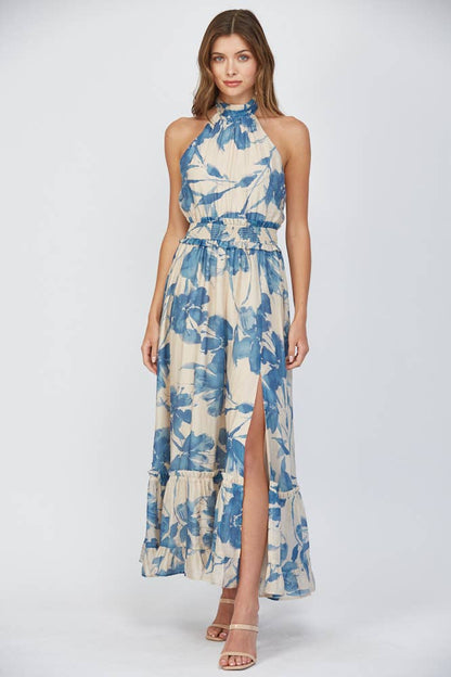 FLORAL PRINT TIE BACK HALTER NECKLINE MAXI DRESS