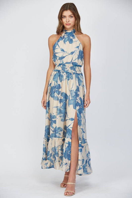 FLORAL PRINT TIE BACK HALTER NECKLINE MAXI DRESS