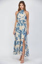 FLORAL PRINT TIE BACK HALTER NECKLINE MAXI DRESS