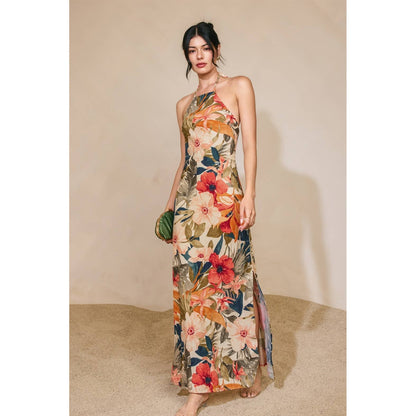 Countryside Bird Halter Neck Open Back Maxi Dress