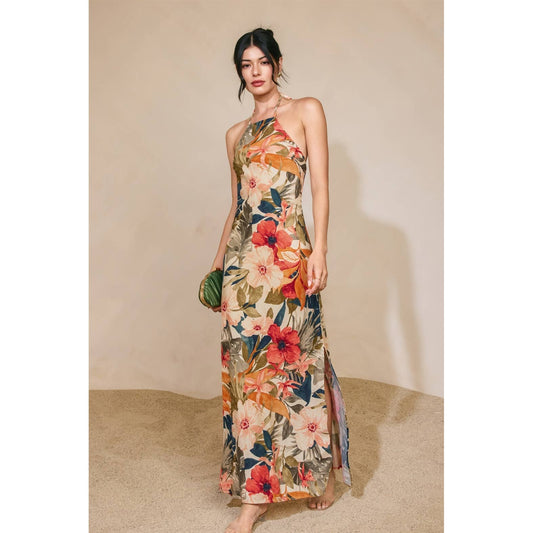 Countryside Bird Halter Neck Open Back Maxi Dress