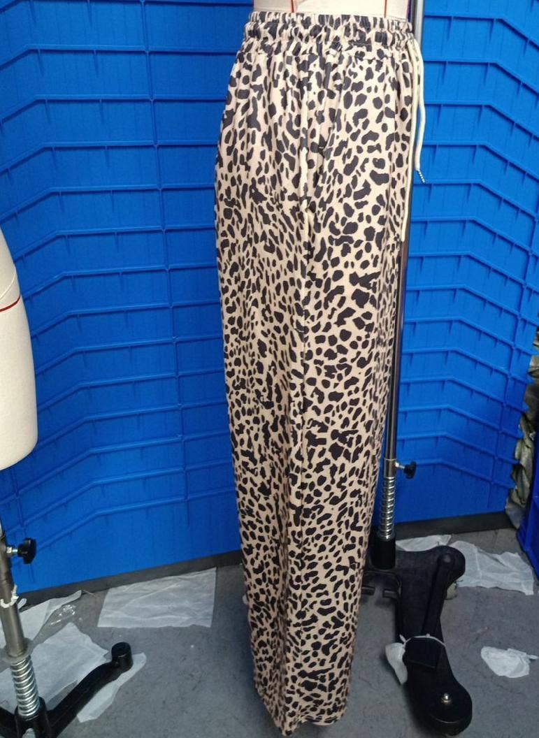 Casual Drawstring Leopard Print Wide-Leg Pants
