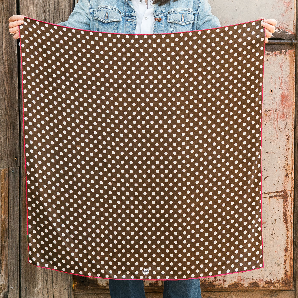 Brown polka dot/red border scarf