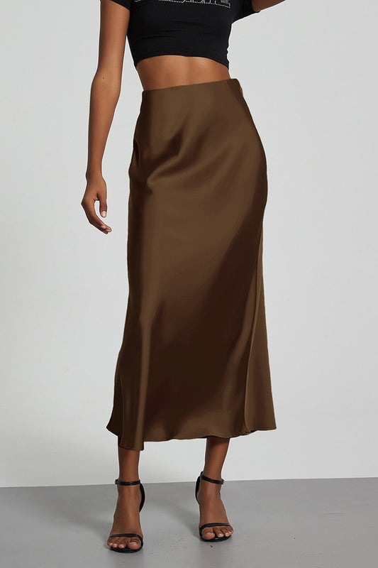 Satin Finish Slimming A-Line Skirt In Chocolate