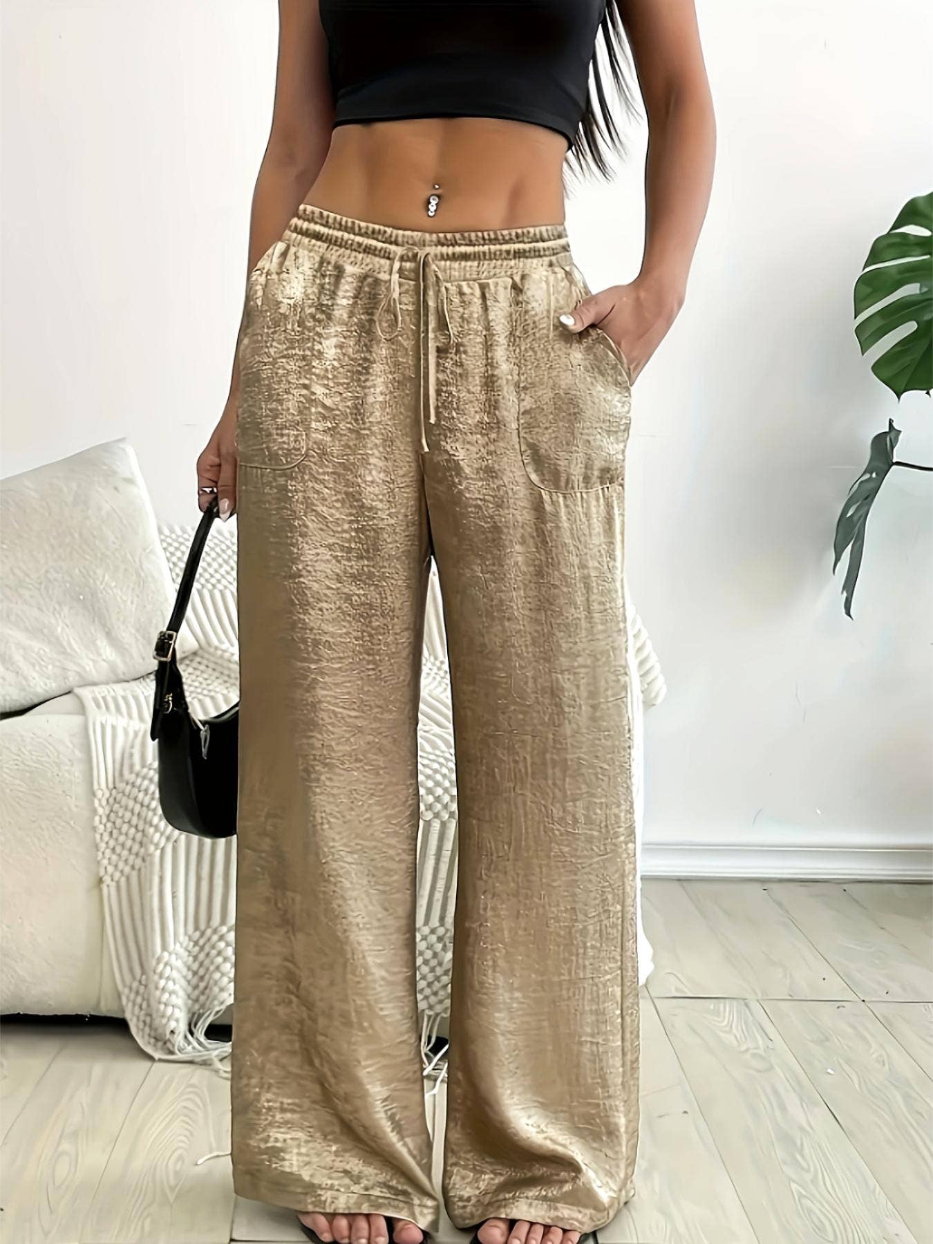 Metal shiny bronzing wide-leg pants