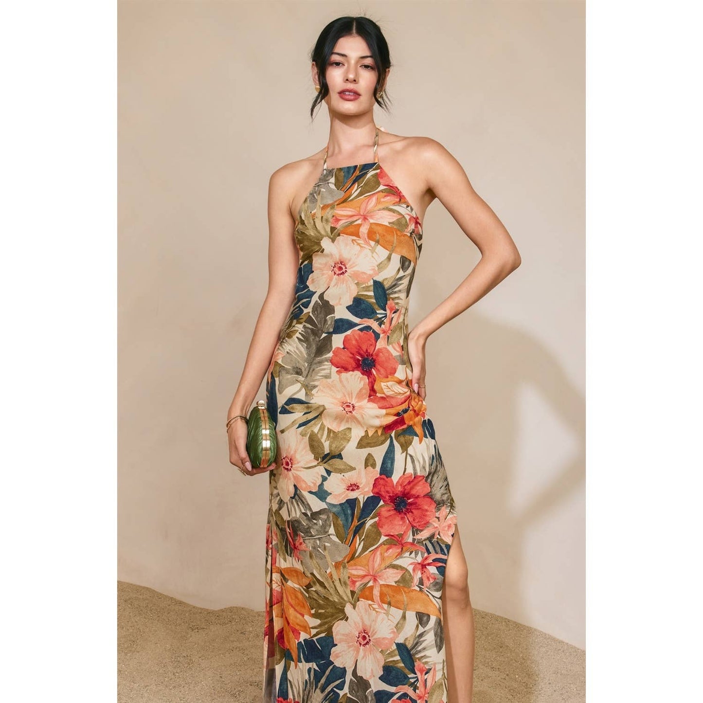 Countryside Bird Halter Neck Open Back Maxi Dress