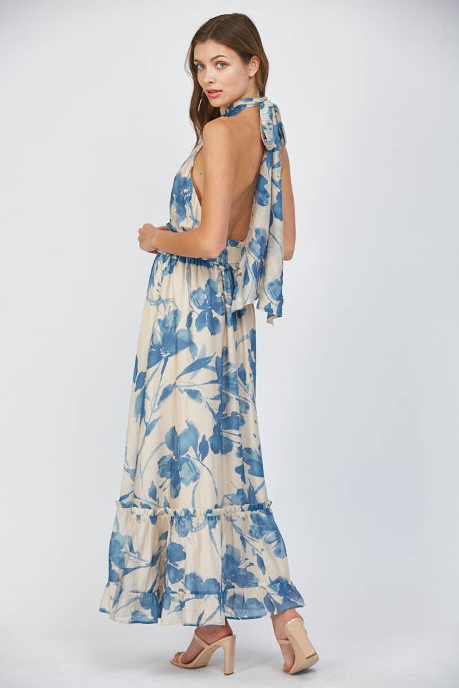 FLORAL PRINT TIE BACK HALTER NECKLINE MAXI DRESS