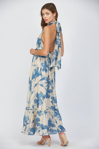 FLORAL PRINT TIE BACK HALTER NECKLINE MAXI DRESS