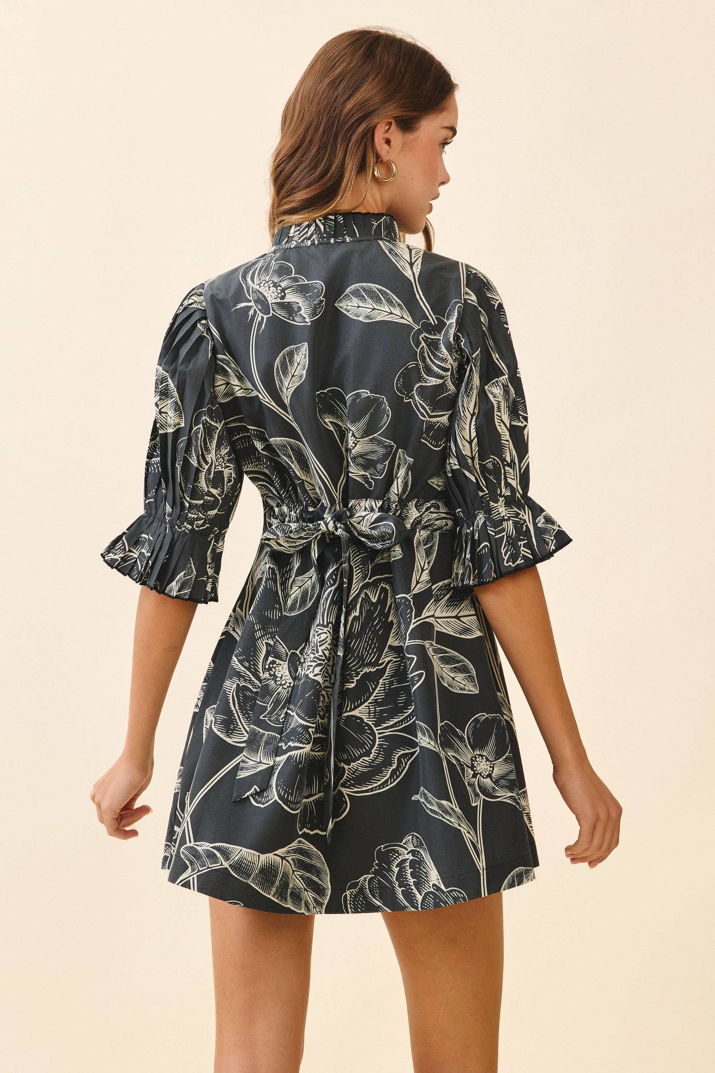 Floral Print High Neck Ruffle Trim Mini Dress