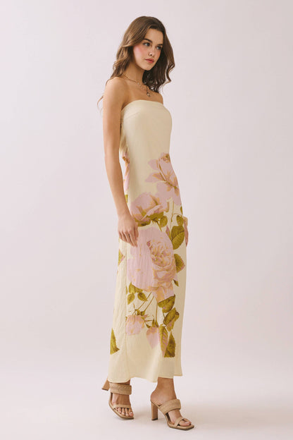 Bold Oversized Floral Print Strapless Maxi Dress