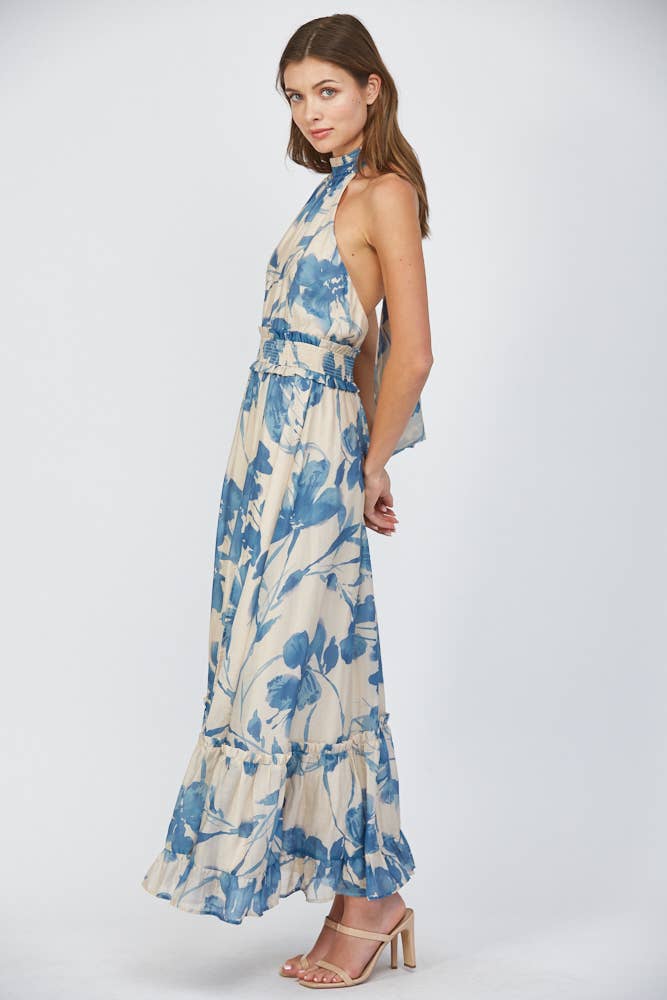FLORAL PRINT TIE BACK HALTER NECKLINE MAXI DRESS