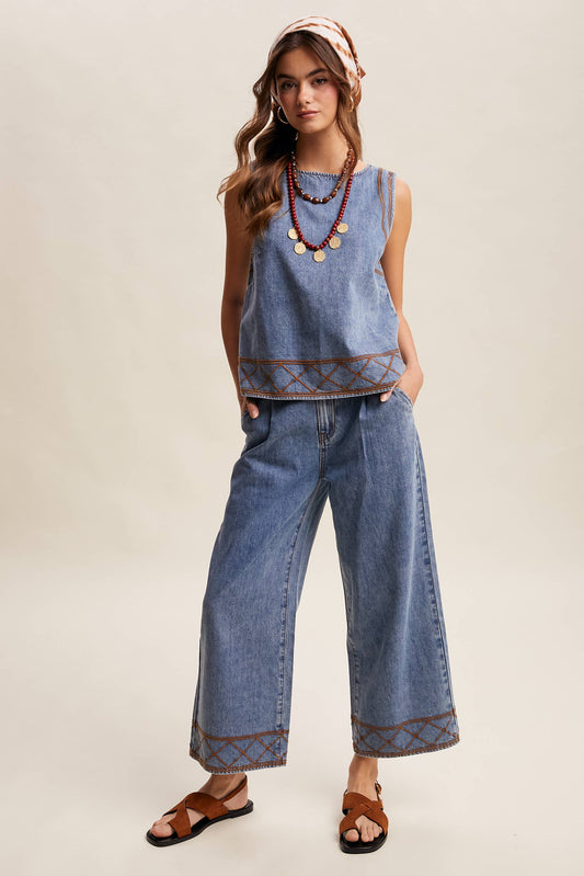 Embroidered Denim Tank & Wide-Leg Pants Set LSET178