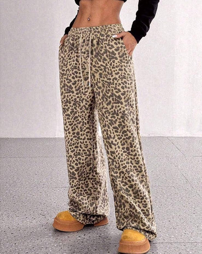 Casual Drawstring Leopard Print Wide-Leg Pants