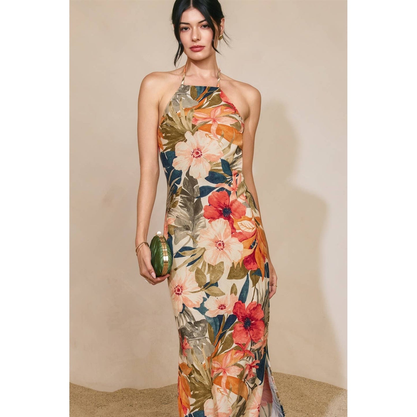 Countryside Bird Halter Neck Open Back Maxi Dress