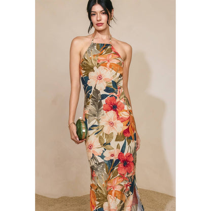Countryside Bird Halter Neck Open Back Maxi Dress