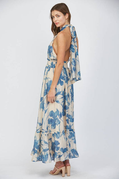 FLORAL PRINT TIE BACK HALTER NECKLINE MAXI DRESS
