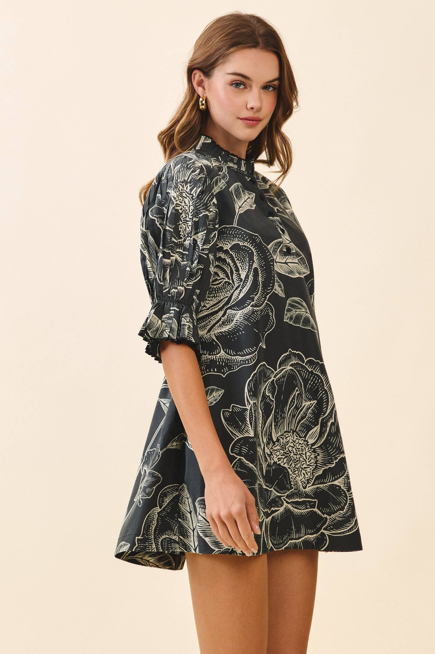 Floral Print High Neck Ruffle Trim Mini Dress