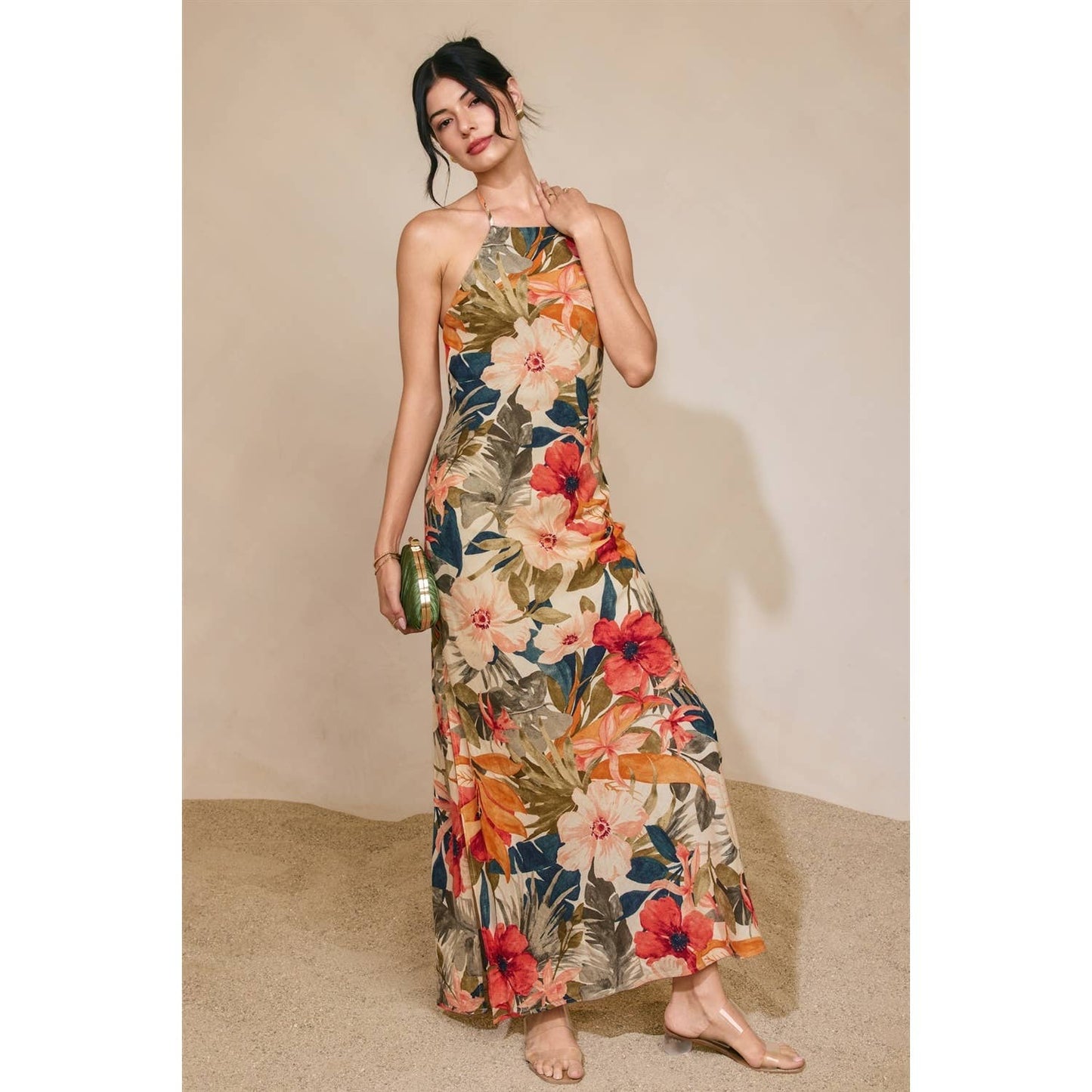 Countryside Bird Halter Neck Open Back Maxi Dress