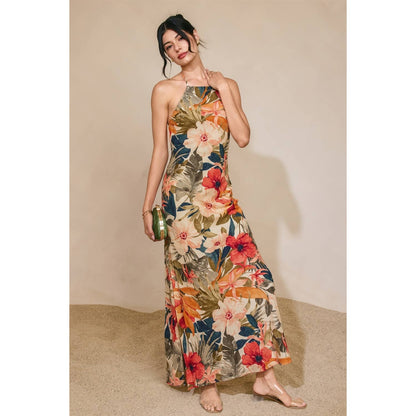 Countryside Bird Halter Neck Open Back Maxi Dress