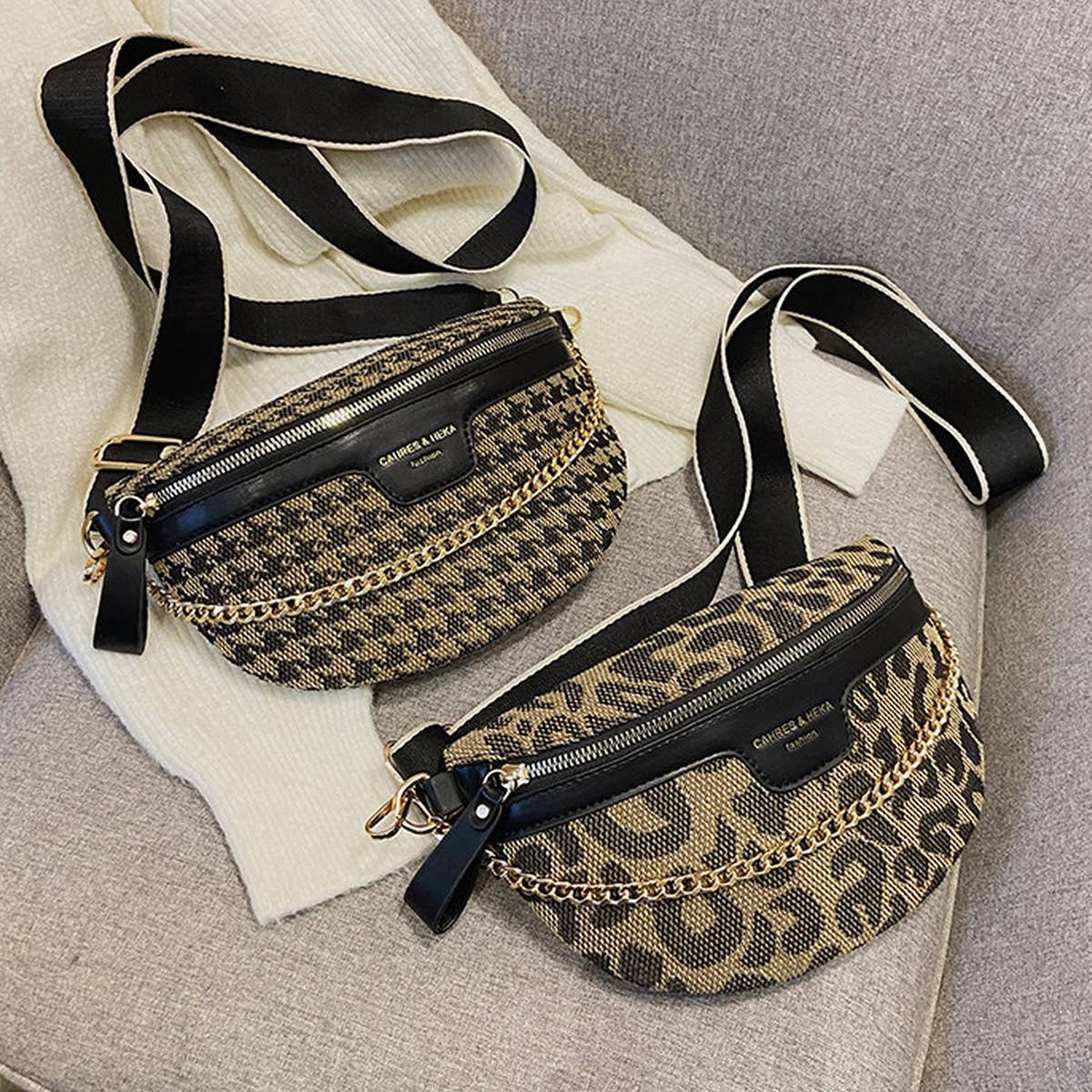 LEOPARD PRINT BLACK CHAIN STRAP FANNY BELT BAG_CWAB0923