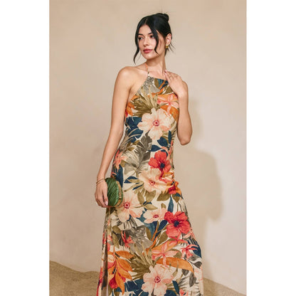 Countryside Bird Halter Neck Open Back Maxi Dress