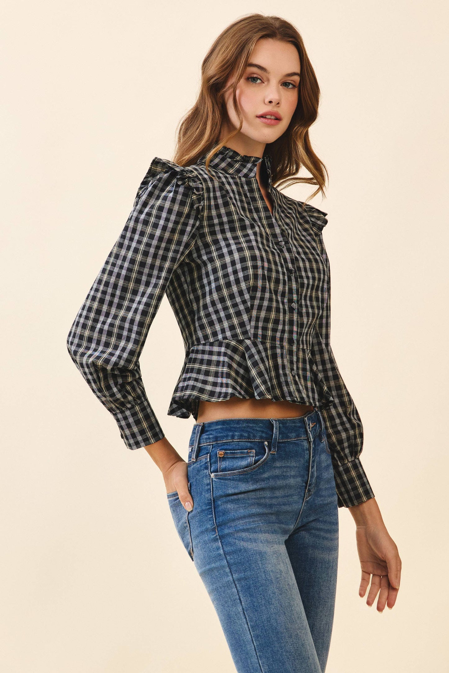 Plaid Button Front Ruffle Accents Peplum Hem Top