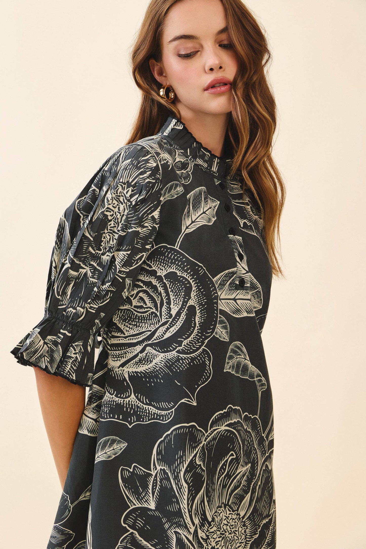 Floral Print High Neck Ruffle Trim Mini Dress