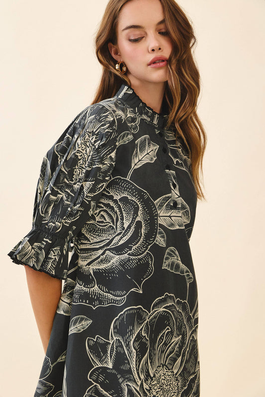 Floral Print High Neck Ruffle Trim Mini Dress