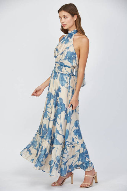 FLORAL PRINT TIE BACK HALTER NECKLINE MAXI DRESS