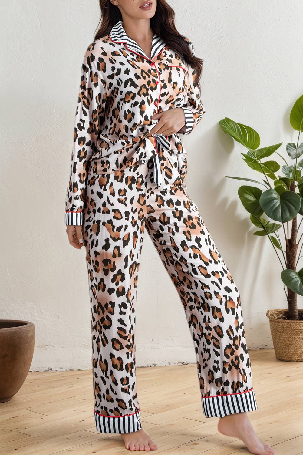 Leopard Striped Edge Shirt and Pants Pajama Set