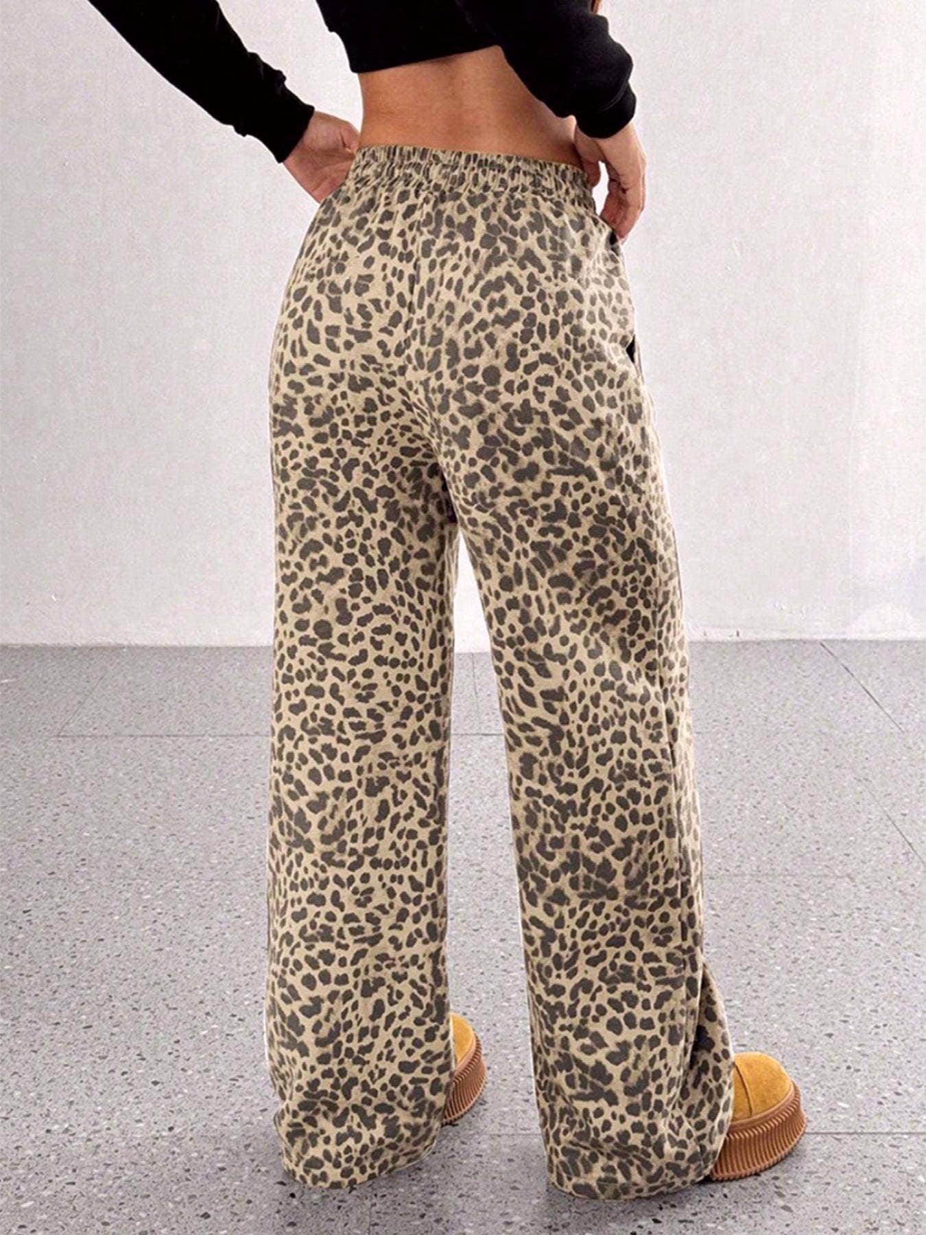 Casual Drawstring Leopard Print Wide-Leg Pants