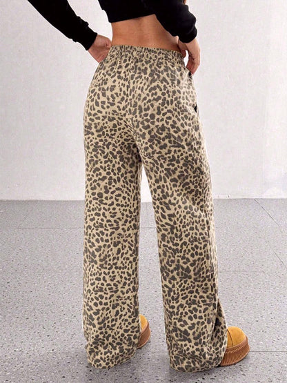 Casual Drawstring Leopard Print Wide-Leg Pants