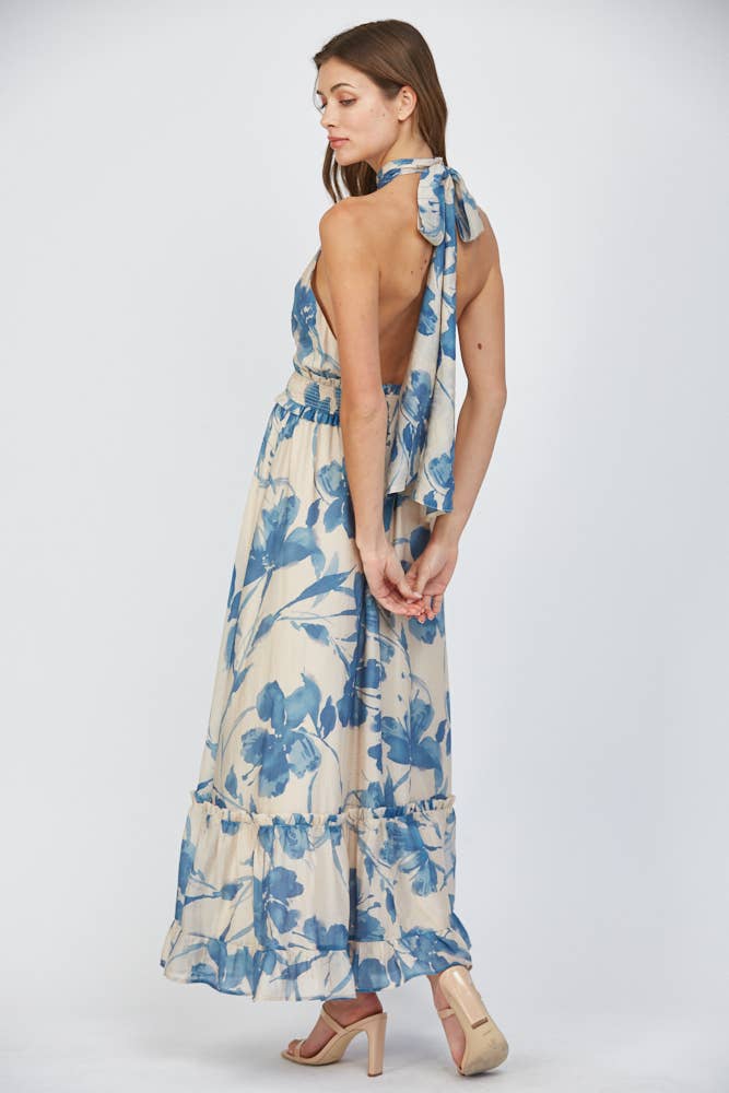 FLORAL PRINT TIE BACK HALTER NECKLINE MAXI DRESS